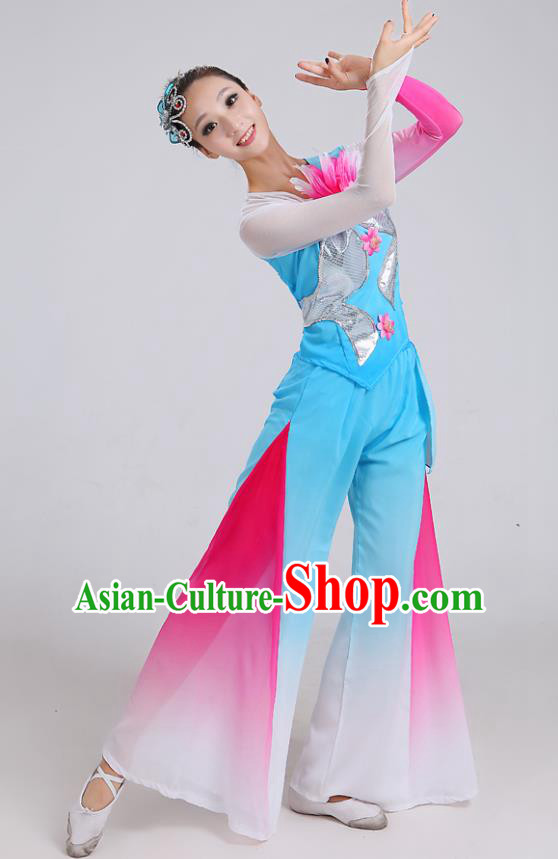 Traditional Chinese Yangge Dance Embroidered Blue Costume, Folk Fan Dance Uniform Classical Umbrella Dance Clothing for Women