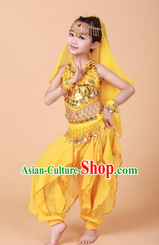 Traditional Chinese Uyghur Nationality Indian Dance Costume, China Uigurian Minority Embroidery Yellow Clothing for Kids