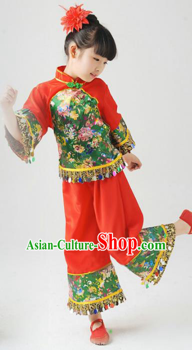 Traditional Chinese Classical Yangge Dance Embroidered Costume, Folk Dance Uniform Drum Dance Red Clothing for Kids