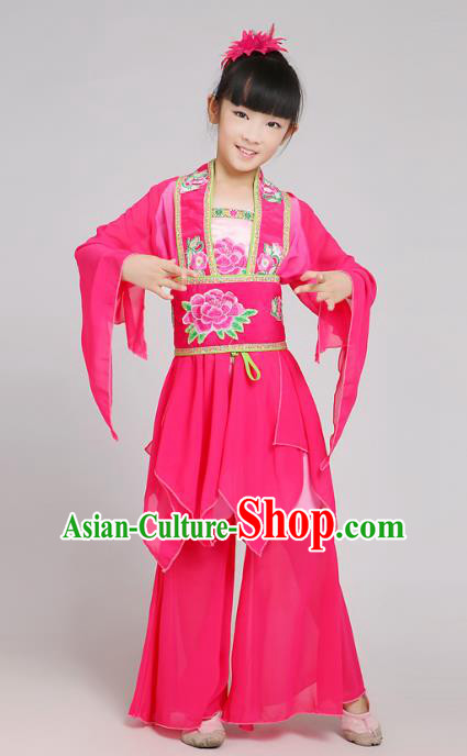 Traditional Chinese Yangge Dance Rosy Costume, Folk Drum Dance Uniform Classical Dance Embroidery Clothing for Kids