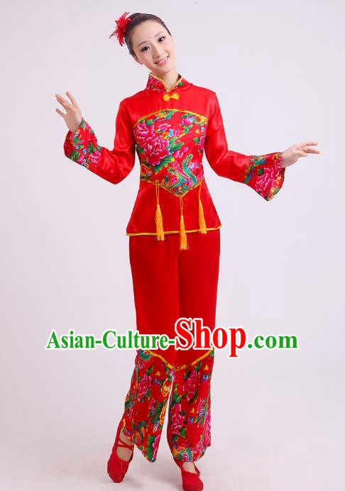 Traditional Chinese Yangge Dance Red Costume, Folk Waist Drum Dance Uniform Classical Dance Embroidery Clothing for Women