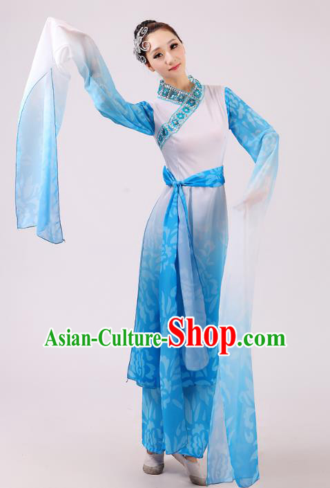 Traditional Chinese Yangge Fan Dance Dance Blue Costume, Folk Dance Uniform Classical Dance Water Sleeve Dress Clothing for Women