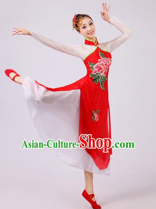Traditional Chinese Umbrella Dance Red Embroidered Costume, Folk Dance Uniform Classical Dance Dress Clothing for Women