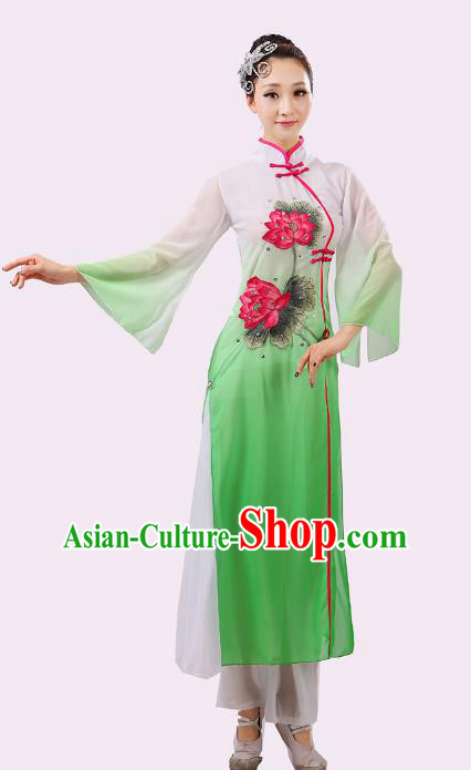 Traditional Chinese Umbrella Dance Green Embroidered Lotus Costume, Folk Fan Dance Uniform Classical Dance Dress Clothing for Women