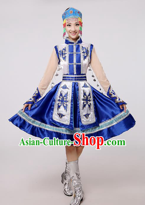 Traditional Chinese Mongol Nationality Dance Costume Blue Mongolian Robe, China Minority Embroidery Dress Clothing for Women