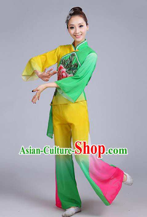 Traditional Chinese Classical Yanko Dance Embroidered Peony Green Costume, Folk Yangge Dance Uniform Drum Dance Clothing for Women