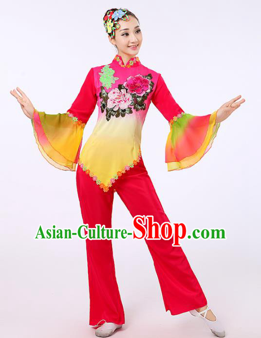 Traditional Chinese Classical Yanko Dance Embroidered Peony Rosy Costume, Folk Yangge Dance Uniform Drum Dance Clothing for Women