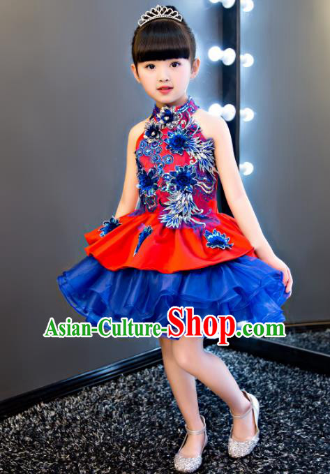 China Modern Dance Professional Competition Costume, Opening Dance Blue Embroidered Bubble Dress for Kids