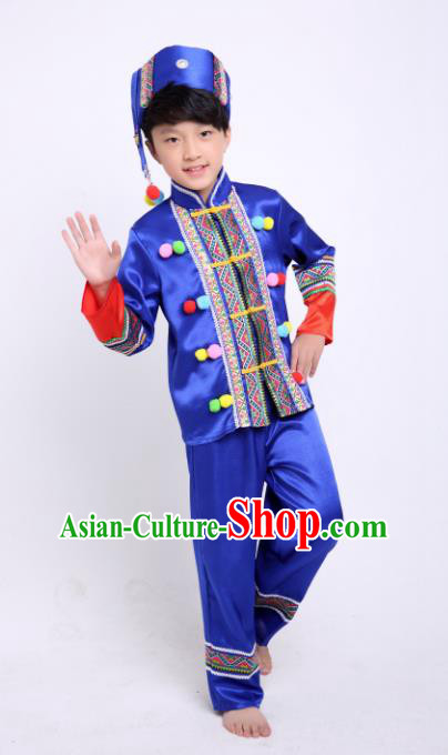 Traditional Chinese Miao Nationality Dance Costume, China Miao Minority Embroidery Blue Clothing for Kids