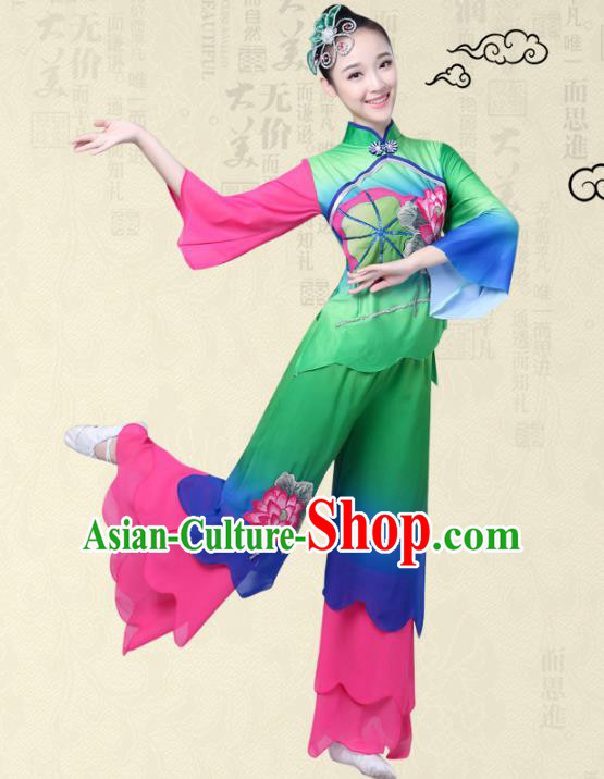 Traditional Chinese Classical Yanko Dance Printing Lotus Costume, Folk Yangge Fan Dance Green Uniform Waist Drum Dance Clothing for Women