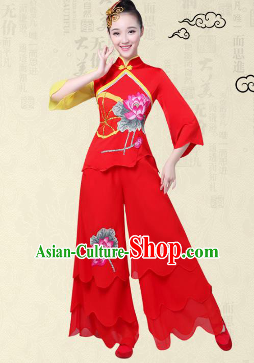 Traditional Chinese Classical Yanko Dance Printing Lotus Costume, Folk Yangge Fan Dance Red Uniform Waist Drum Dance Clothing for Women