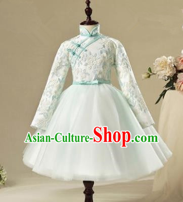 Children Modern Dance Flower Fairy Costume, Chorus Group Clothing Princess Cheongsam Green Bubble Veil Dress for Girls