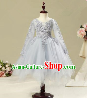 Children Modern Dance Flower Fairy Costume Grey Bubble Dress, Performance Model Show Clothing Princess Veil Dress for Girls