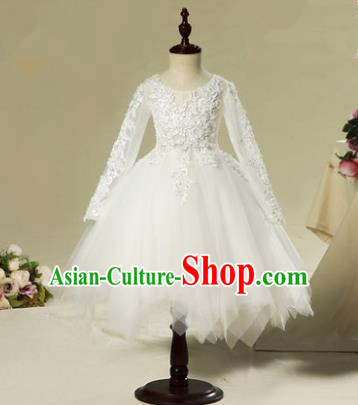 Children Modern Dance Flower Fairy Costume White Bubble Dress, Performance Model Show Clothing Princess Veil Dress for Girls