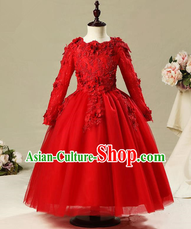 Children Modern Dance Flower Fairy Costume Red Bubble Dress, Performance Model Show Clothing Princess Veil Long Full Dress for Girls