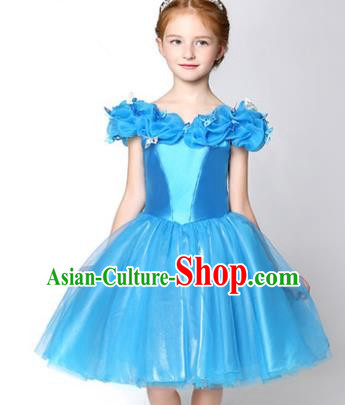 Children Modern Dance Flower Fairy Costume Blue Short Bubble Dress, Performance Model Show Clothing Princess Veil Full Dress for Girls