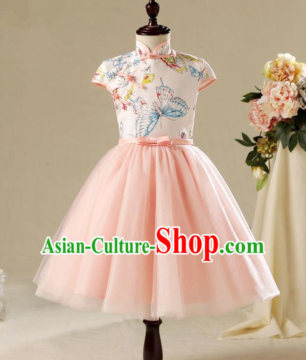 Children Modern Dance Costume Pink Cheongsam, Ceremonial Occasions Model Show Princess Veil Full Dress for Girls