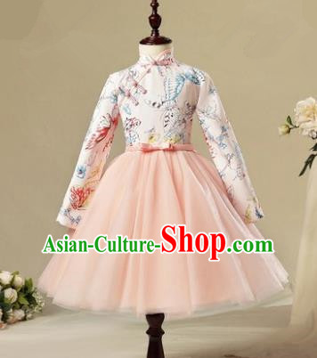Children Modern Dance Costume Pink Long Sleeve Cheongsam, Ceremonial Occasions Model Show Princess Veil Full Dress for Girls