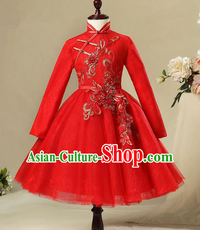 Children Modern Dance Costume Red Long Sleeve Cheongsam, Ceremonial Occasions Model Show Princess Veil Full Dress for Girls