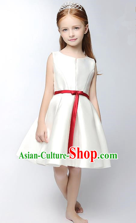 Children Modern Dance Costume White Satin Short Dress, Ceremonial Occasions Model Show Princess Full Dress for Girls
