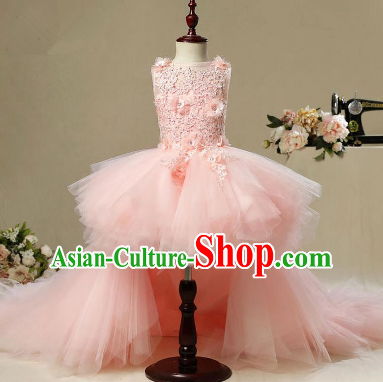 Children Modern Dance Costume Trailing Pink Short Dress, Ceremonial Occasions Model Show Princess Veil Full Dress for Girls