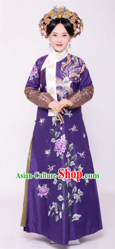 Traditional Chinese Ancient Imperial Consort Costume and Handmade Headpiece Complete Set, Asian China Qing Dynasty Manchu Lady Embroidered Clothing