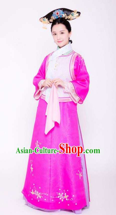 Traditional Chinese Ancient Palace Lady Costume and Handmade Headpiece Complete Set, Asian China Qing Dynasty Manchu Princess Embroidered Clothing