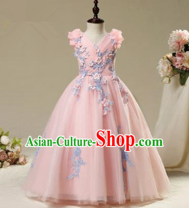 Children Modern Dance Costume Embroidery Pink Dress, Ceremonial Occasions Model Show Princess Veil Full Dress for Girls