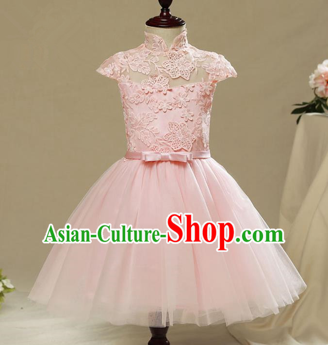 Children Model Show Dance Costume Pink Veil Lace Bubble Dress, Ceremonial Occasions Catwalks Princess Short Full Dress for Girls