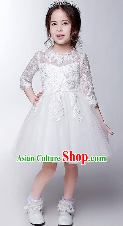 Children Model Show Dance Costume White Veil Lace Bubble Dress, Ceremonial Occasions Catwalks Princess Short Full Dress for Girls