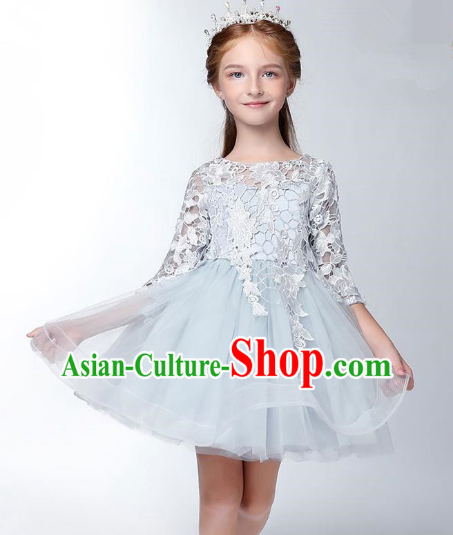 Children Model Show Dance Costume Embroidered Blue Lace Dress, Ceremonial Occasions Catwalks Princess Full Dress for Girls