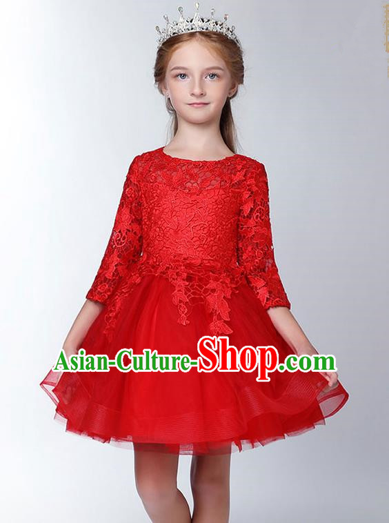 Children Model Show Dance Costume Embroidered Red Lace Dress, Ceremonial Occasions Catwalks Princess Full Dress for Girls