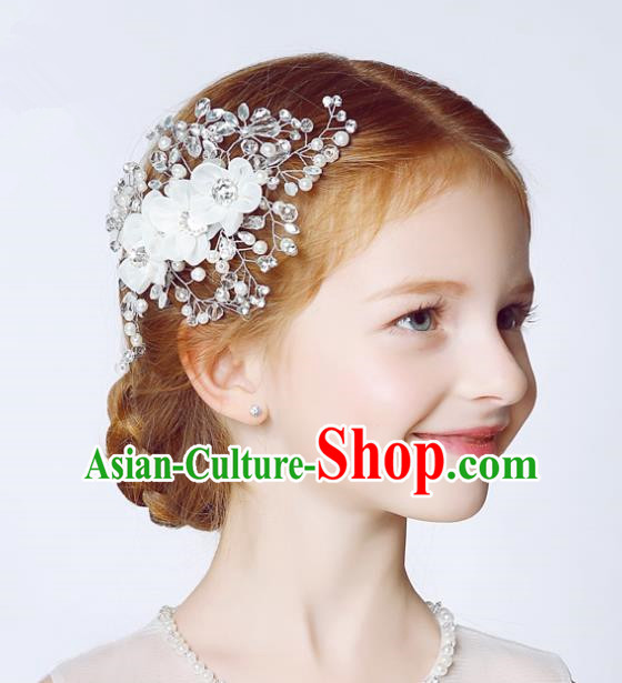 Handmade Children Hair Accessories White Flowers Hair Stick, Princess Halloween Model Show Crystal Headwear for Kids