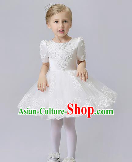 Children Model Show Dance Costume White Veil Bubble Dress, Ceremonial Occasions Catwalks Princess Full Dress for Girls