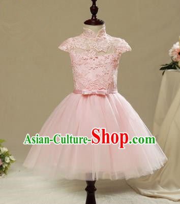 Children Model Show Dance Costume Pink Lace Short Sleeve Dress, Ceremonial Occasions Catwalks Princess Full Dress for Girls
