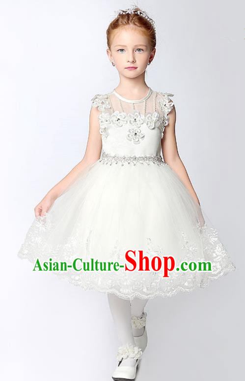Children Model Show Dance Costume White Veil Short Dress, Ceremonial Occasions Catwalks Princess Full Dress for Girls
