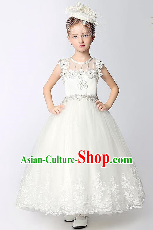 Children Model Show Dance Costume White Veil Long Dress, Ceremonial Occasions Catwalks Princess Full Dress for Girls