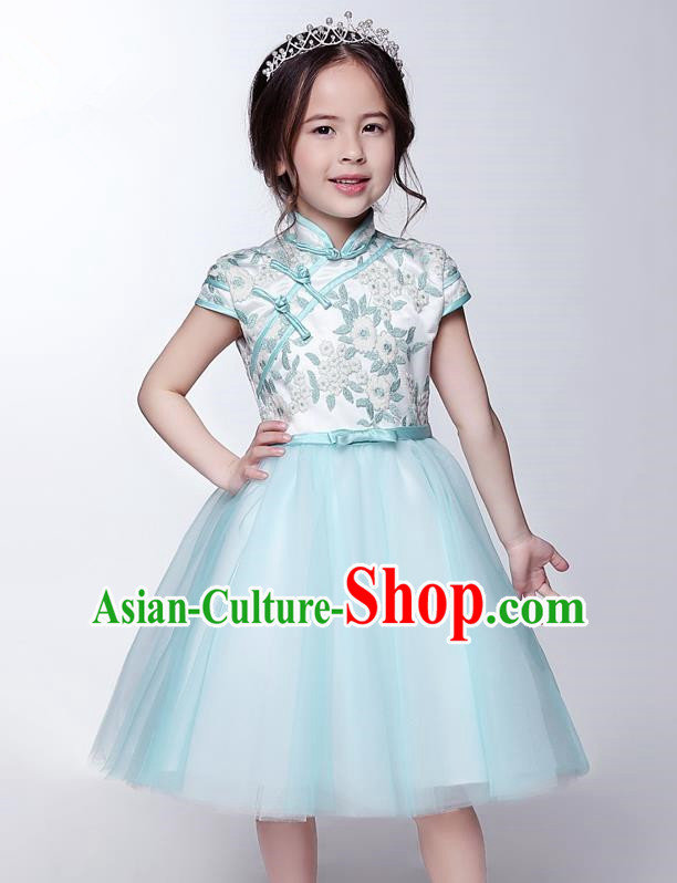 Children Model Show Dance Costume Blue Plated Buttons Cheongsam, Ceremonial Occasions Catwalks Princess Veil Dress for Girls