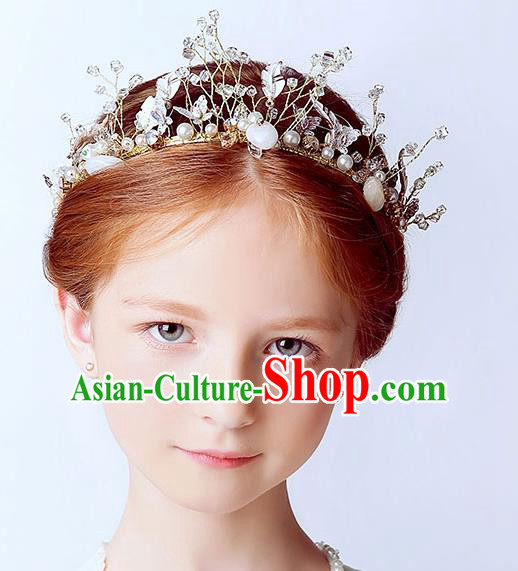 Handmade Children Hair Accessories Crystal Pearls Royal Crown, Princess Halloween Model Show Hair Clasp Headwear for Kids