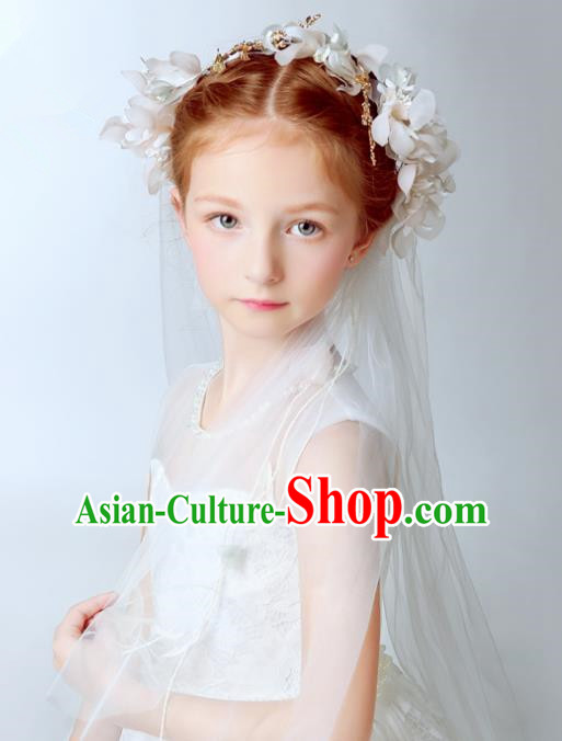 Handmade Children Hair Accessories White Flowers Head Bridal Veil, Princess Halloween Model Show Hair Clasp Headwear for Kids