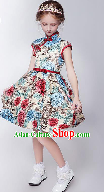 Children Model Show Dance Costume Printing Cheongsam, Ceremonial Occasions Catwalks Princess Full Dress for Girls