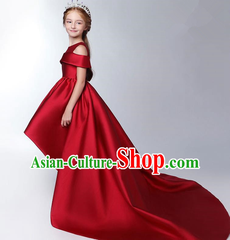 Children Model Show Dance Costume Wine Red Satin Trailing Dress, Ceremonial Occasions Catwalks Princess Full Dress for Girls