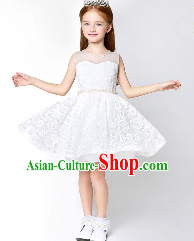 Children Model Show Dance Costume White Veil Dress, Ceremonial Occasions Catwalks Princess Full Dress for Girls
