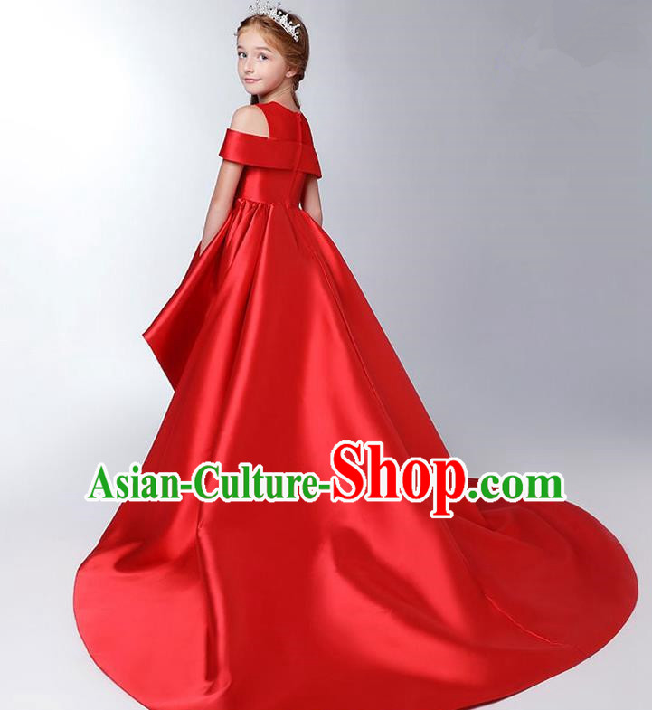Children Model Show Dance Costume Red Satin Trailing Dress, Ceremonial Occasions Catwalks Princess Full Dress for Girls