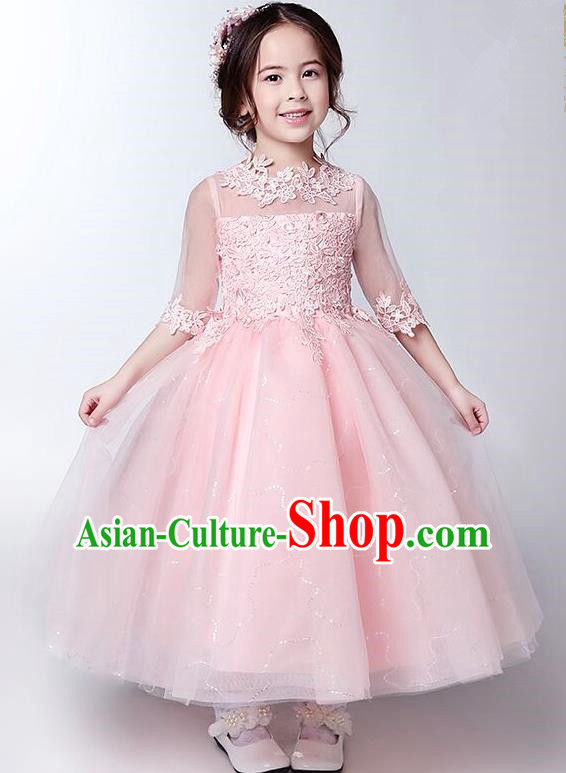 Children Model Show Ballet Dance Costume Pink Lace Dress, Ceremonial Occasions Catwalks Princess Full Dress for Girls