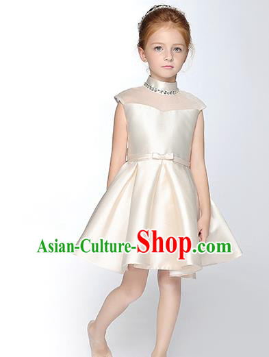 Children Model Show Dance Costume Crystal Beige Satin Full Dress, Ceremonial Occasions Catwalks Princess Dress for Girls