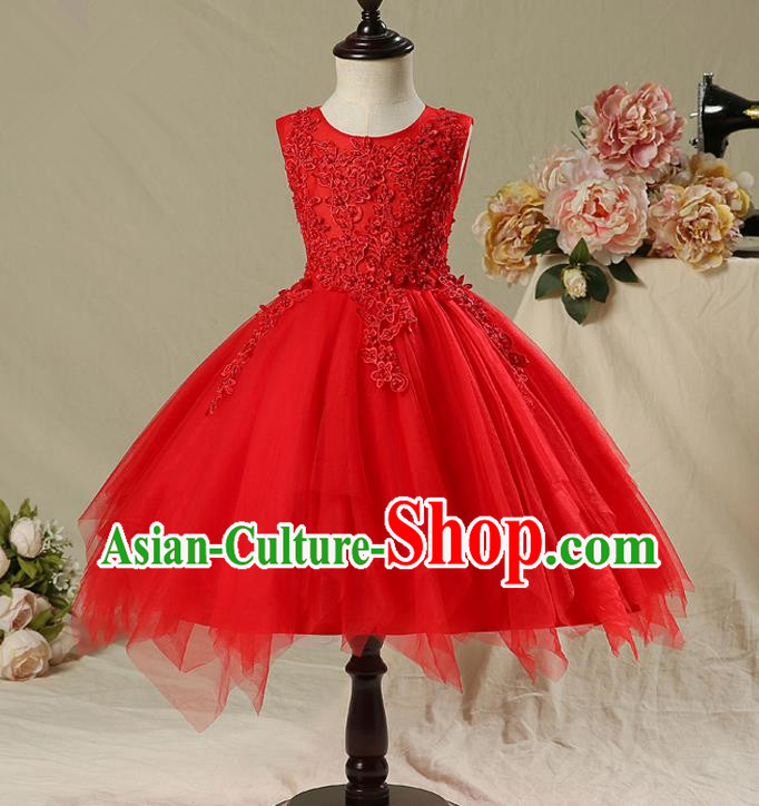 Children Model Show Dance Costume Red Veil Full Dress, Ceremonial Occasions Catwalks Princess Bubble Dress for Girls