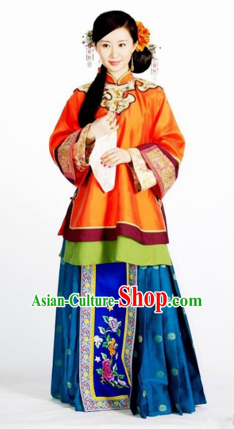 Asian Chinese Qing Dynasty Traditional Manchu Nobility Lady Embroidered Costume and Handmade Headpiece Complete Set