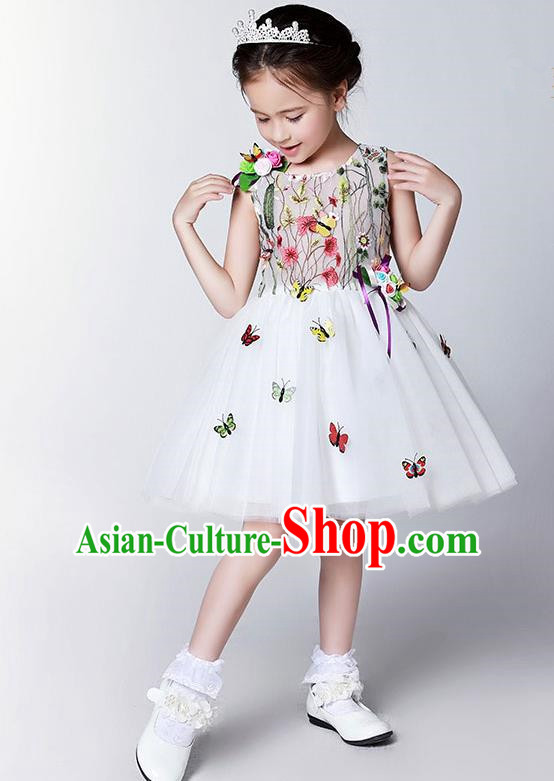 Children Model Show Dance Costume Embroidery Butterfly Full Dress, Ceremonial Occasions Catwalks Princess Veil Dress for Girls
