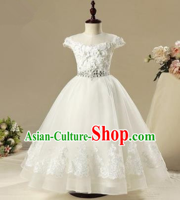 Children Model Show Dance Costume Embroidery White Full Dress, Ceremonial Occasions Catwalks Princess Veil Dress for Girls